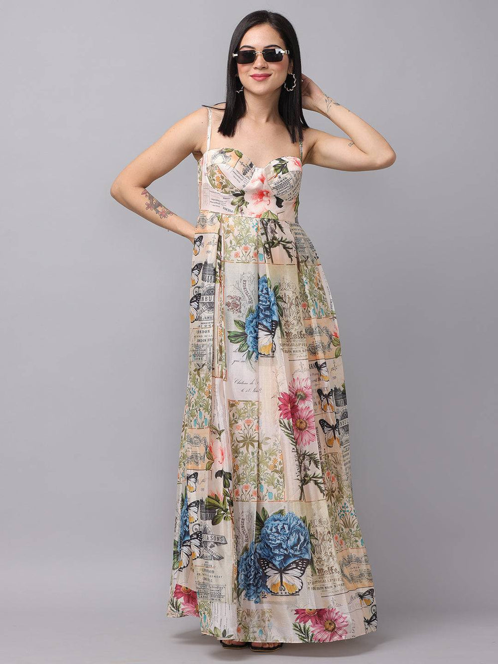 Model wearing sweetheart neck multi color dress