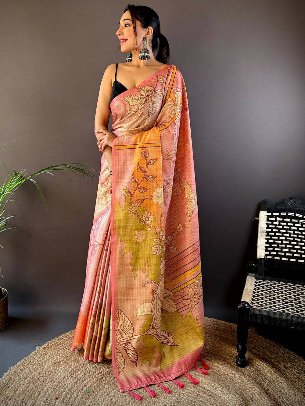 Elegant pink floral print saree with zari tussar fabric