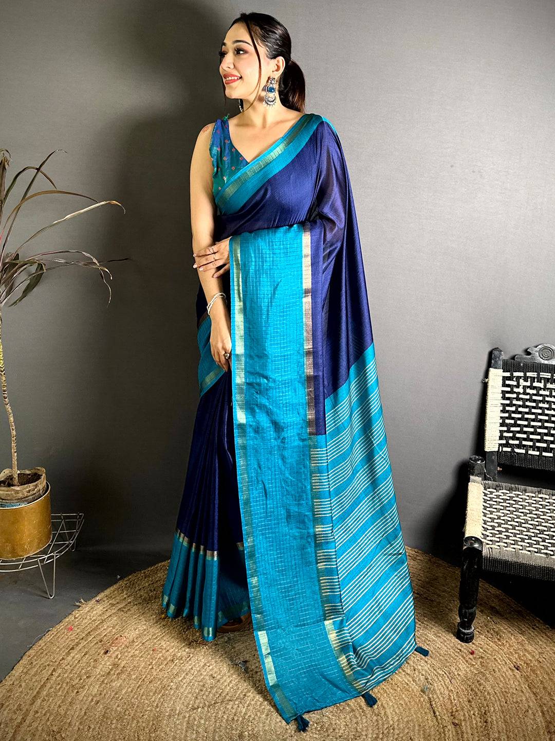 
Navy Soft Kota Crepe Contrast Border Saree