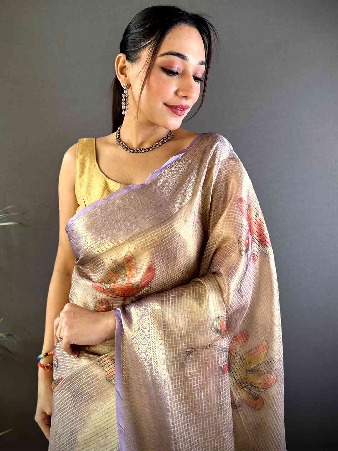 Stylish Lavender Self Gold Zari Floral Print Saree