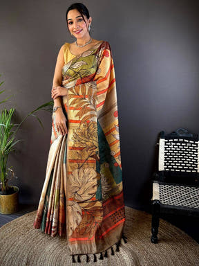 Tan Beige Tussar Silk Floral Prints Saree