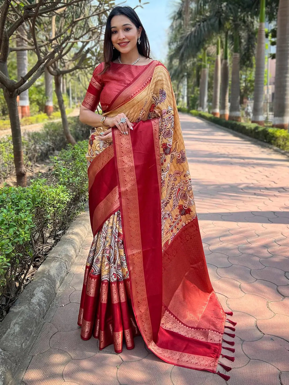 Elegant mustard and red Banarasi saree with intricate chex weaving.