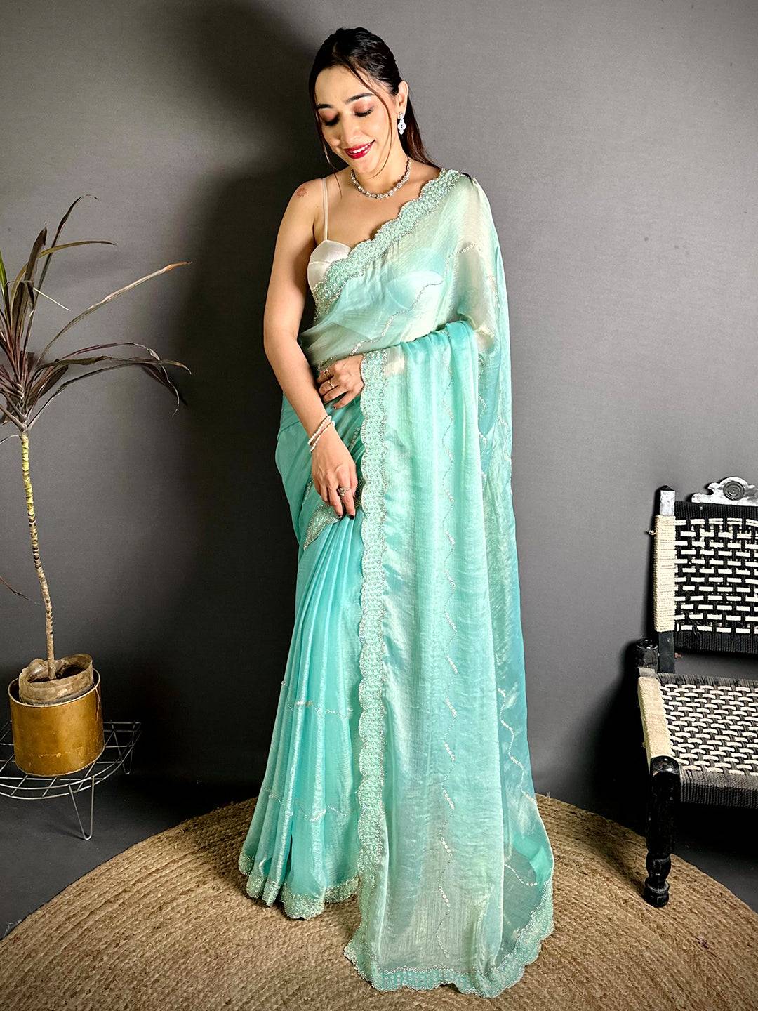 Sky Blue Pearl Stone Chiffon Satin Saree