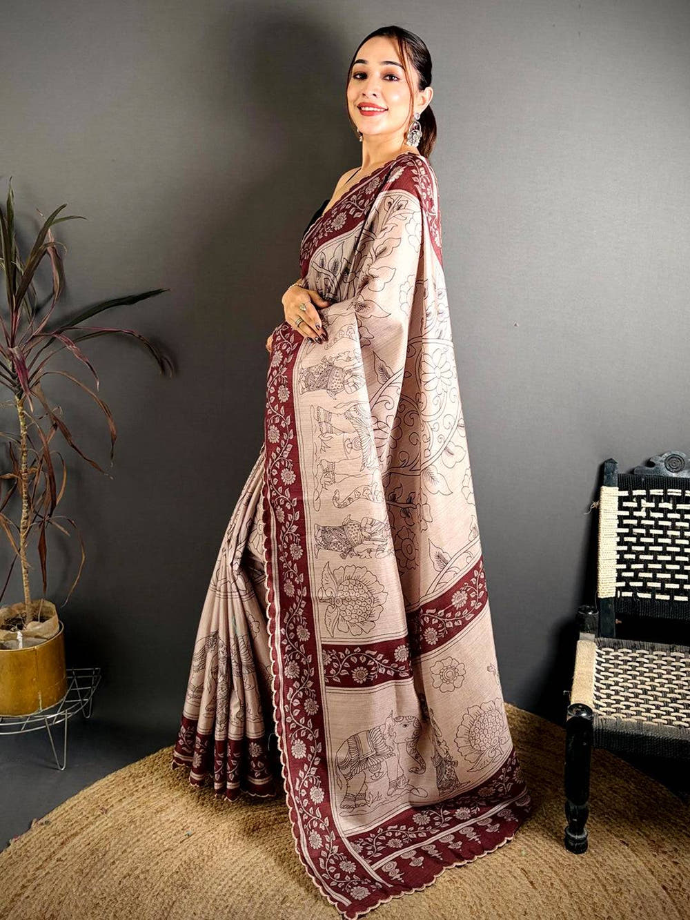 Heritage Pen Kalamkari Printed Tussar Saree

