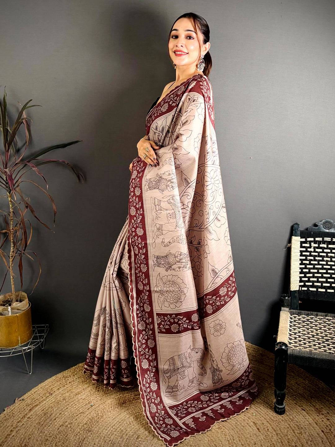 Heritage Pen Kalamkari Printed Tussar Saree

