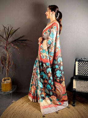 Classic Pen Kalamkari Ghicha Tussar Saree