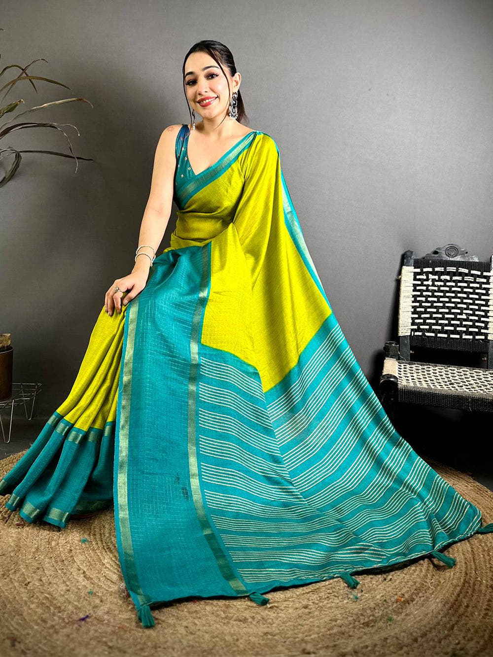 Lime Soft Kota Crepe Contrast Border Saree