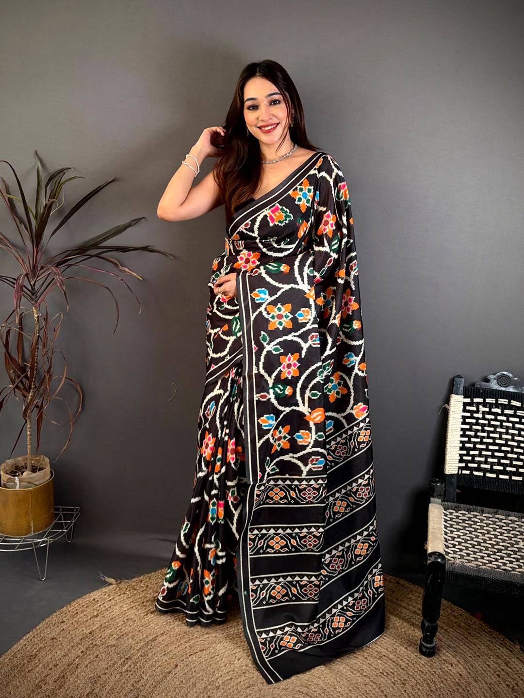Elegant Black Ikkat Print Tussar Silk Saree