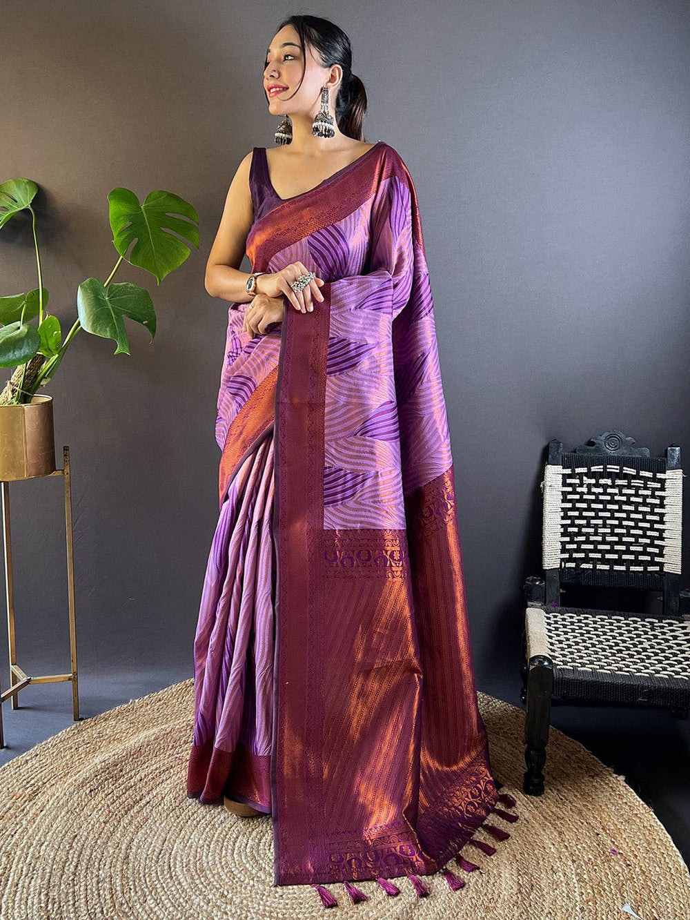 Full view of lavender tussar silk ikkat saree on model