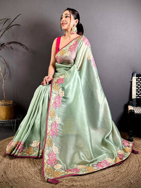 Pista Silky Tissue Resham Border Saree