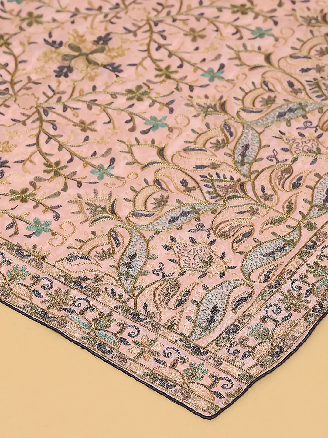 Close-up of embroidered threadwork on pink dupatta