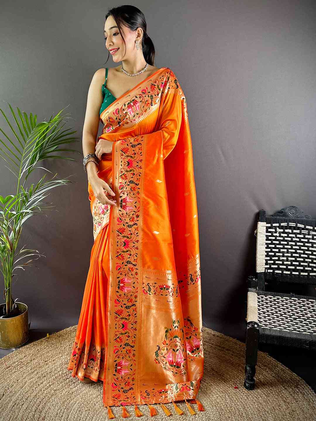 Orange Yevla Paithani Meenakari Saree

