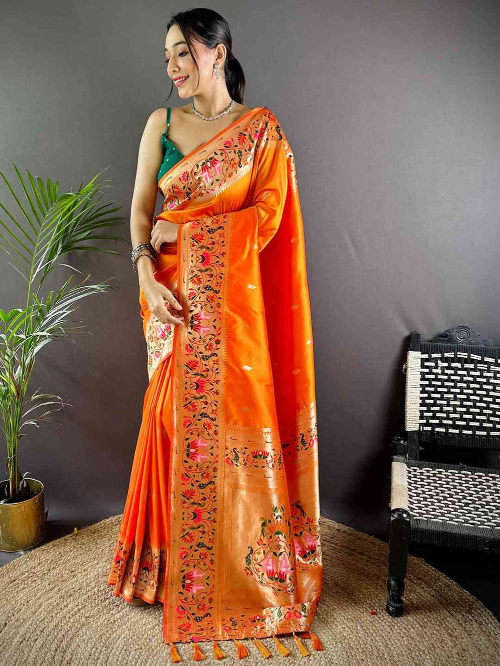 Orange Yevla Paithani Meenakari Saree