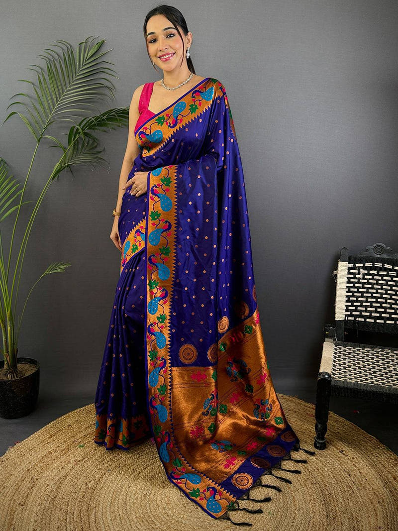 Navy Yeola Paithani Soft Silk Saree With Maggam Blouse