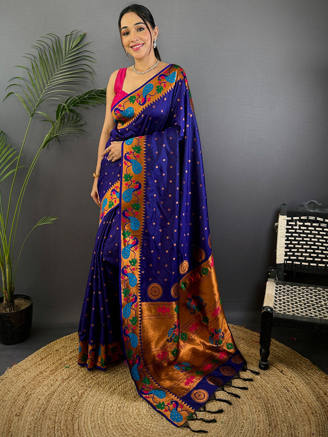 Navy Yeola Paithani Soft Silk Saree With Maggam Blouse