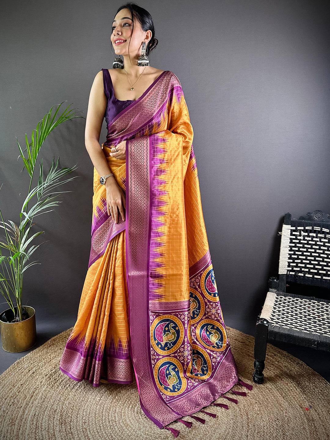 Desert Gold Chex Banarasi Silk Saree with intricate border