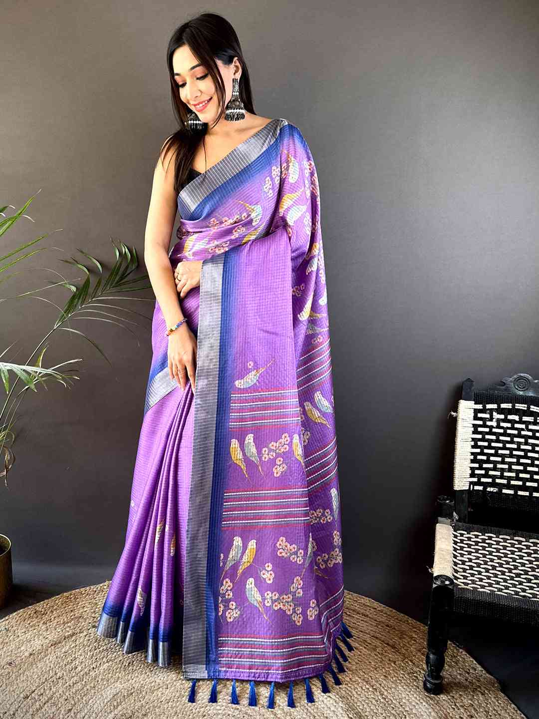 Lavender Chanderi Check Sparrow Print Saree