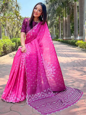 Georgette Silk Saree with Ombre Bandhej Print & Stone Work