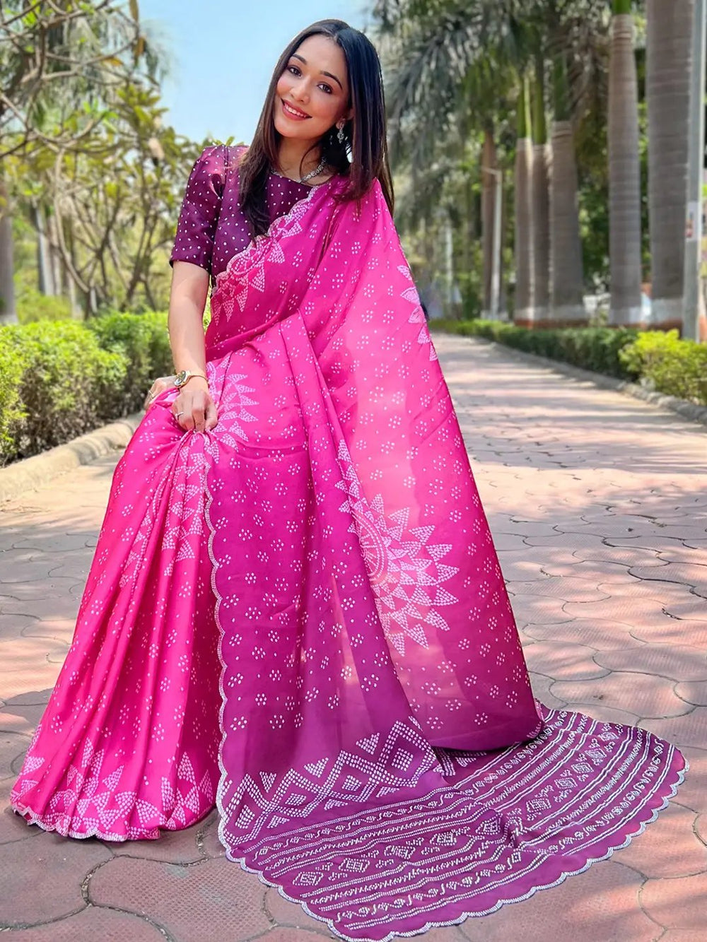 Georgette Silk Saree with Ombre Bandhej Print & Stone Work