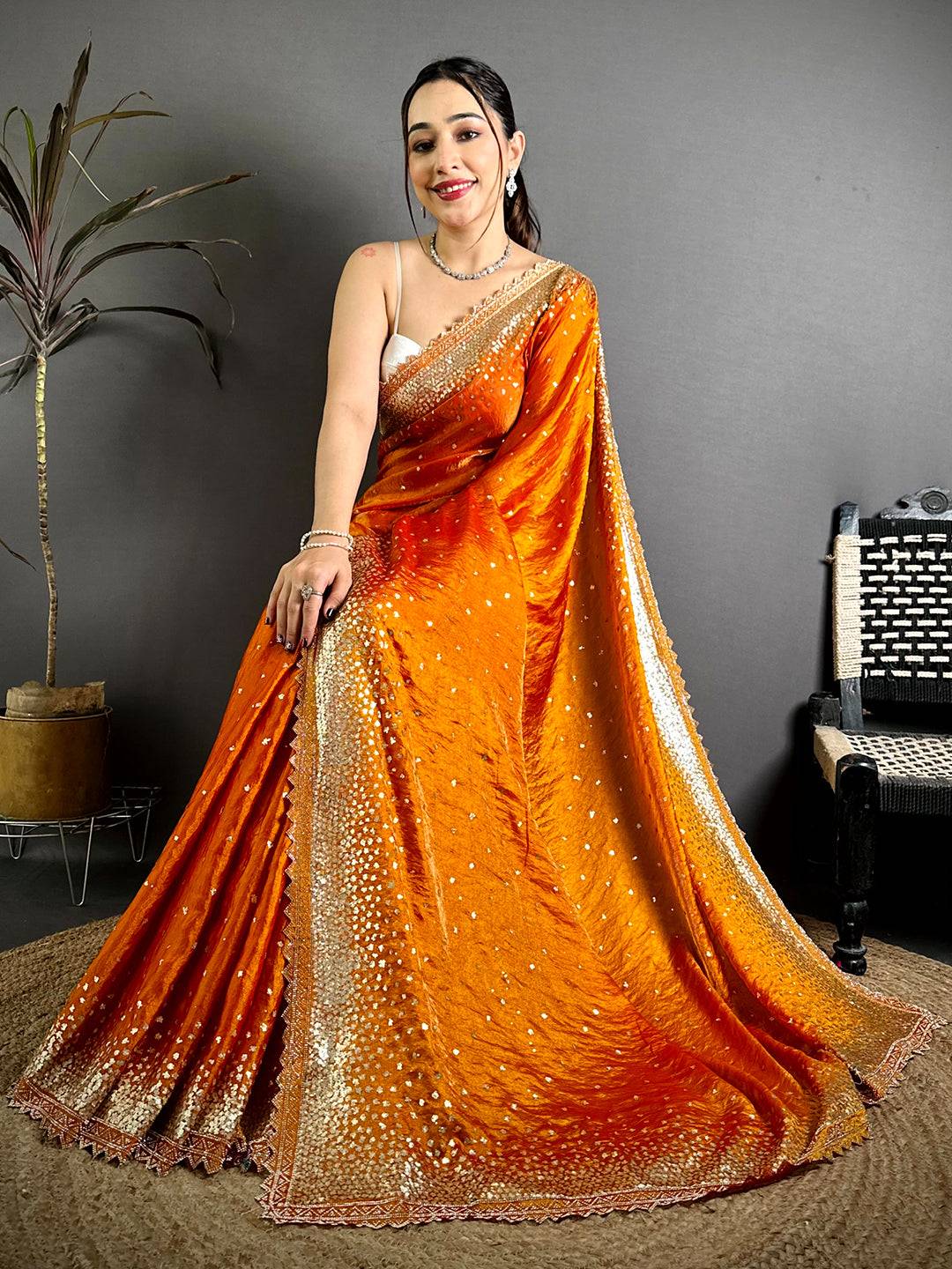 Stylish Golden Sequinne Work Silk Tissue Saree