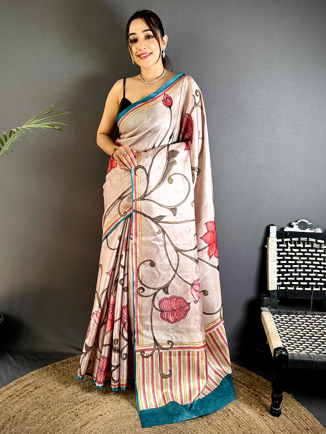 Artistic Flora Kalamkari Tussar Saree