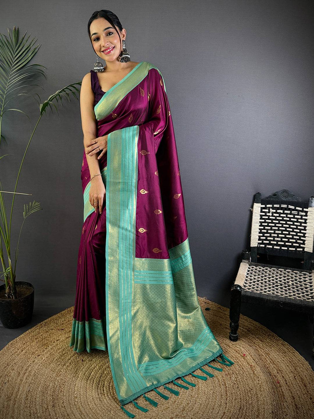 Royal Wine Soft Silk Tilak Butti Saree