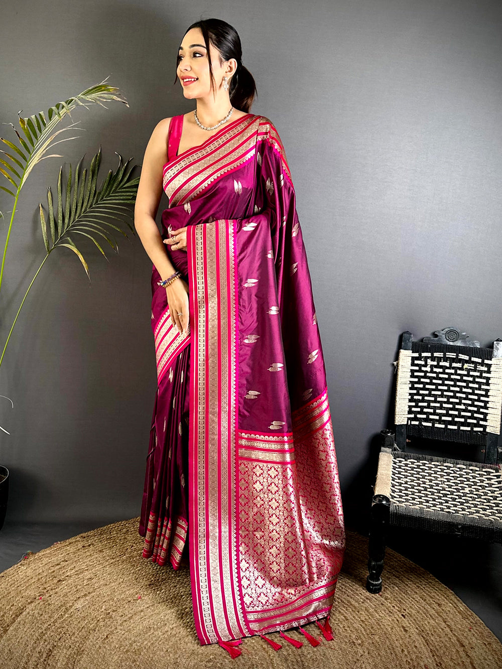 Wine Soft Silk Satin Minakari Border Saree