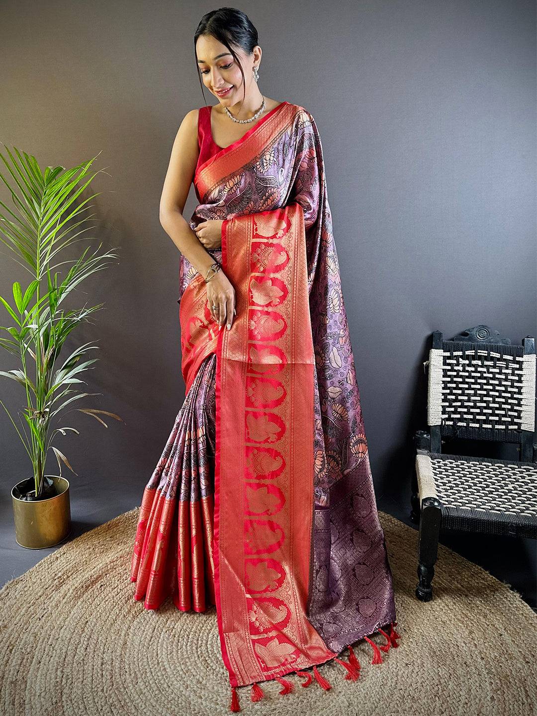 Charry Satin Silk Kalamkari Saree