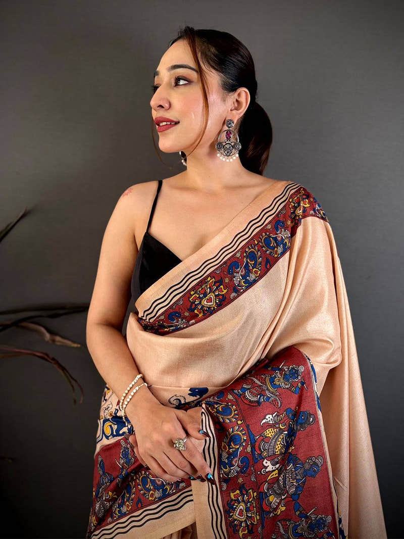 Radiant Kalamkari Border Soft Tussar Saree
