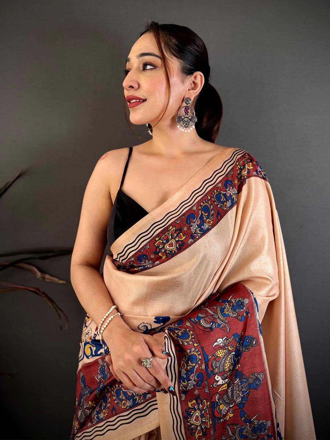 Radiant Kalamkari Border Soft Tussar Saree