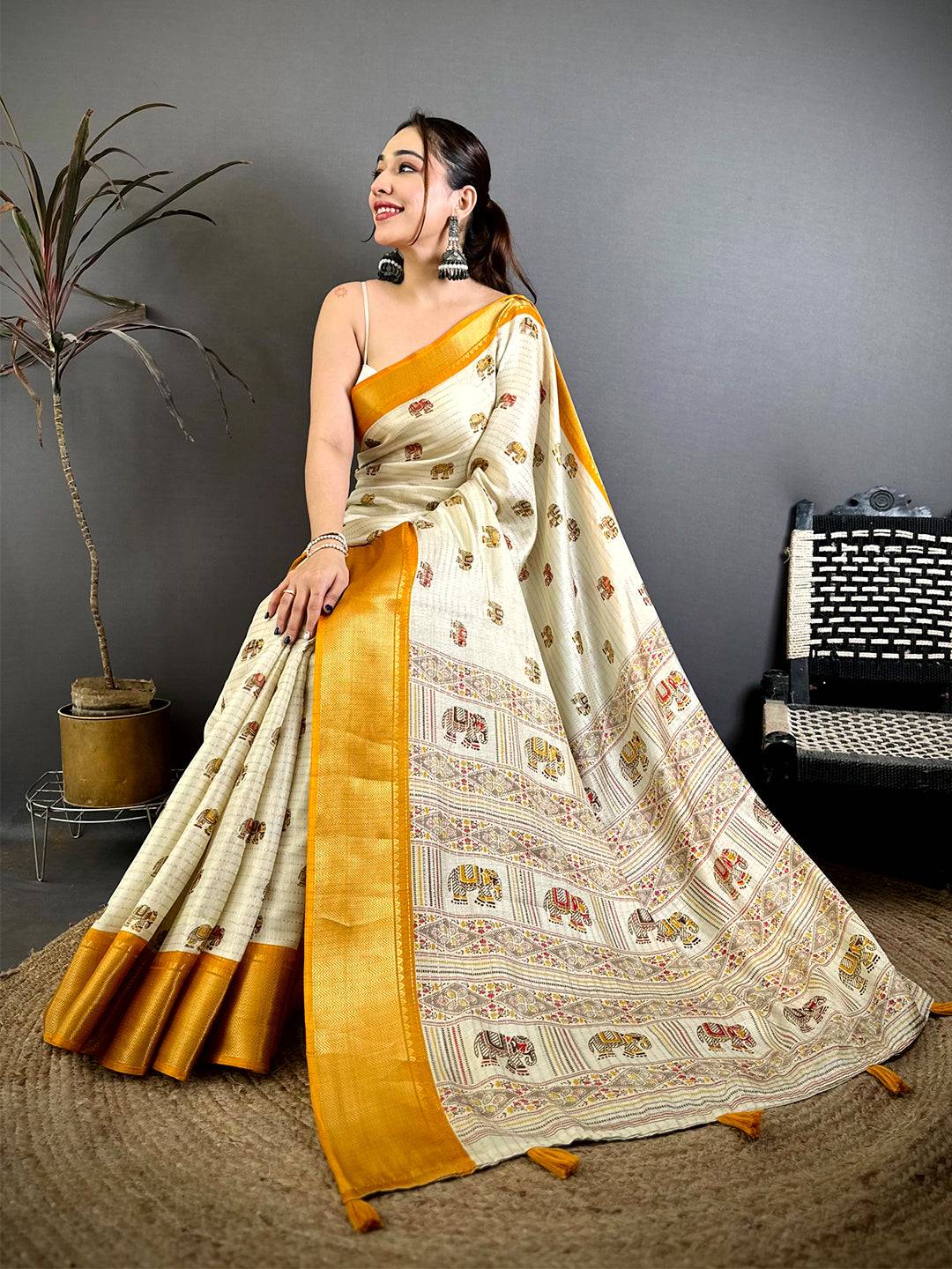 Stylish Ajrakh Block Kalamkari Dola Saree