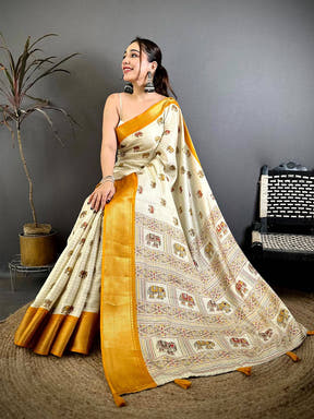 Stylish Ajrakh Block Kalamkari Dola Saree