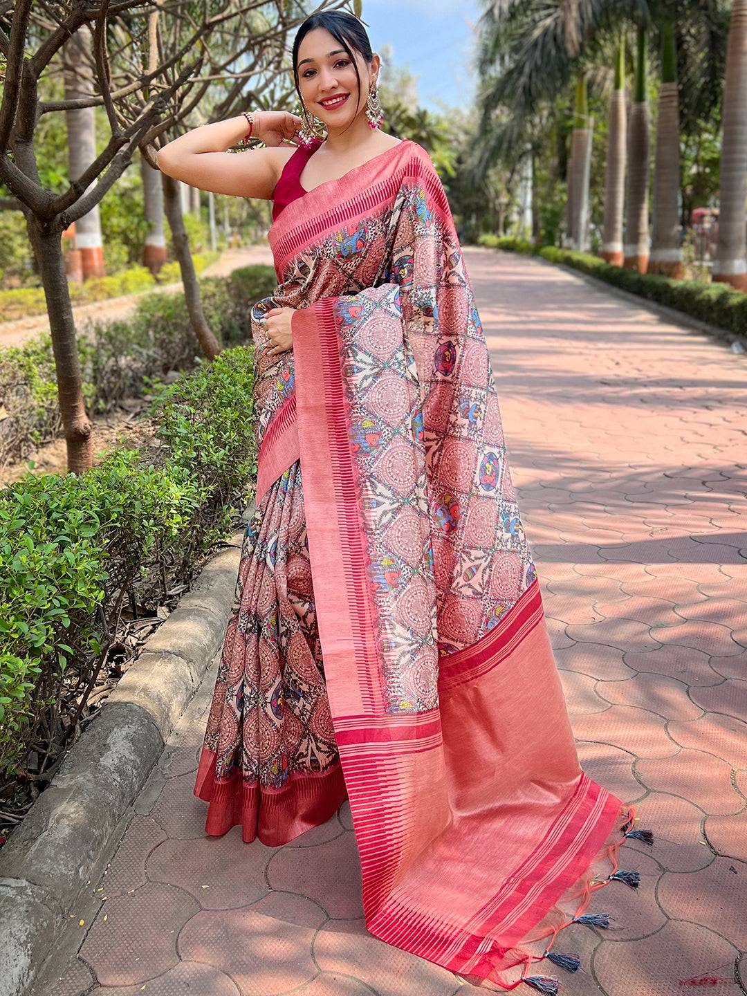 Slub Tussar Silk Madhubani Kalamkari Block Print Saree