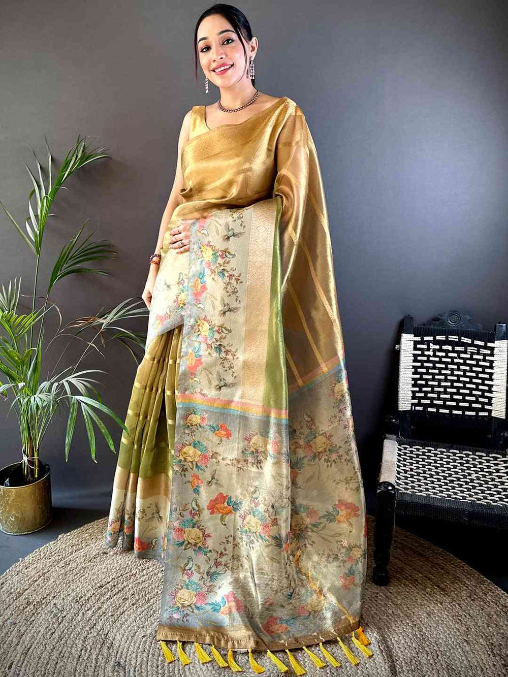 Mustard Ombre Zari Tissue Digital Print Saree