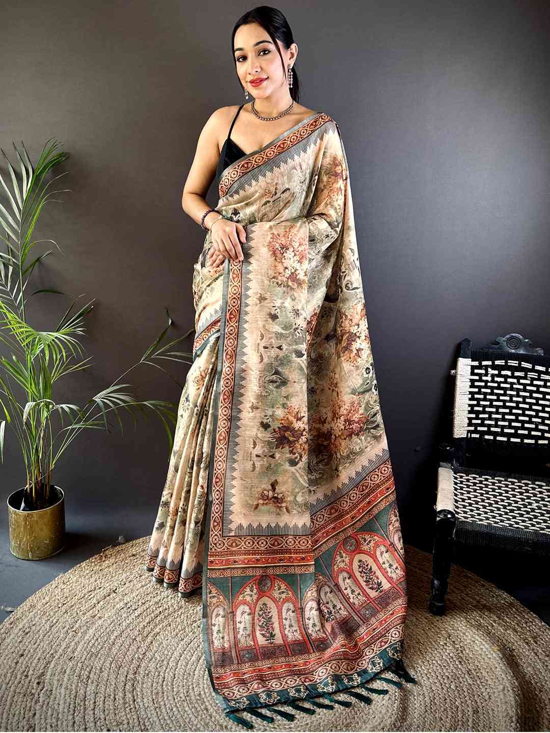 Olive Tussar Blossom Saree
