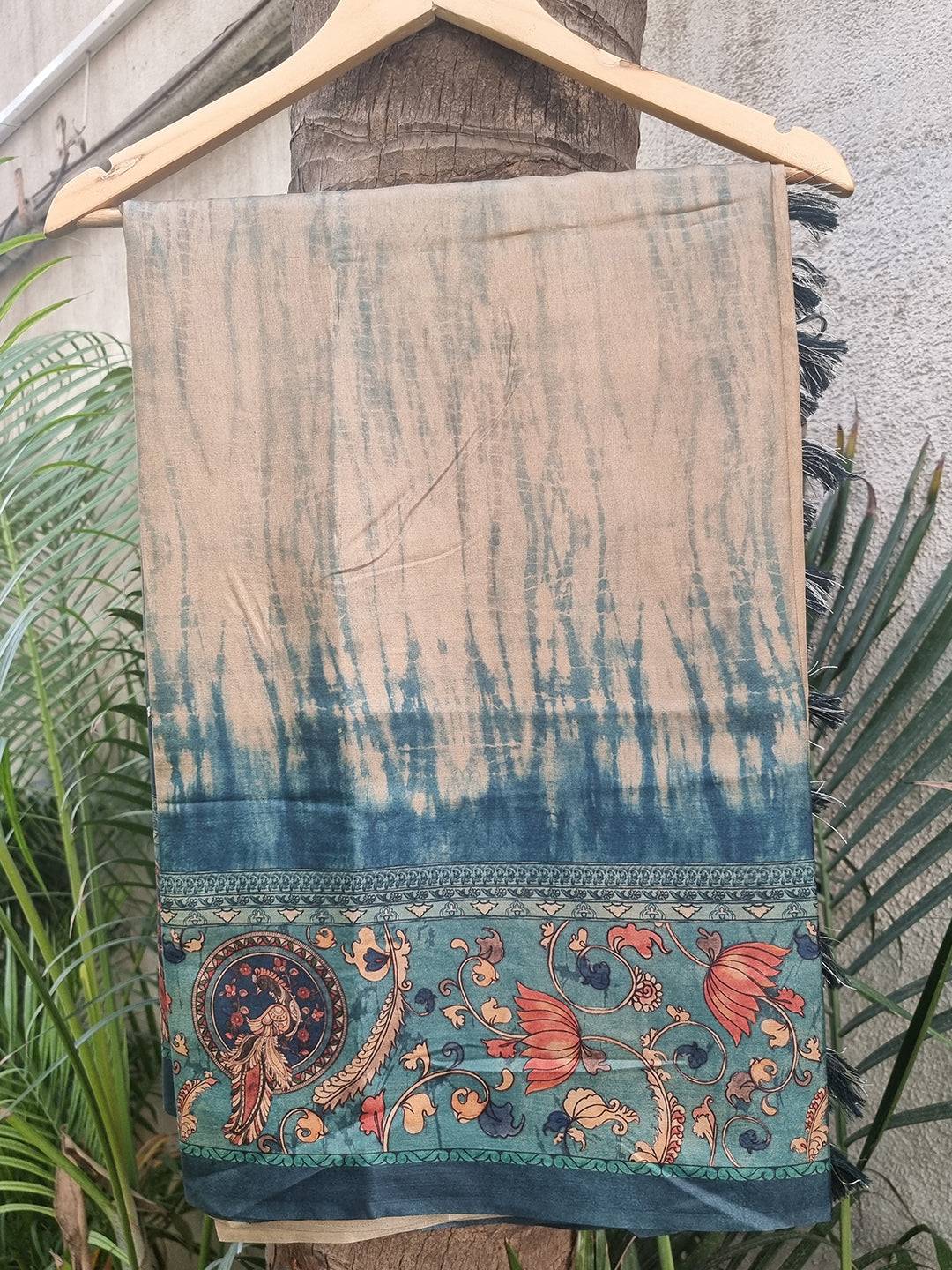 Blue Colour Tussar Silk Saree With Batik and Kalamkari Print Border