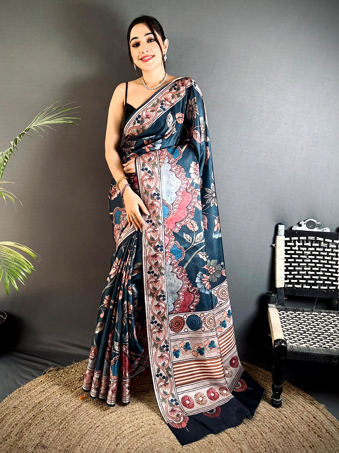 Artistic Dark Floral Soft Tussar Saree