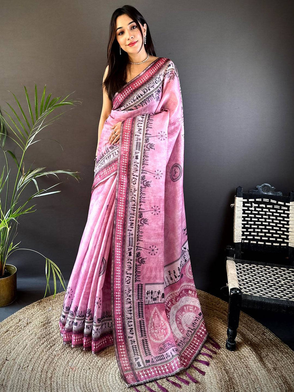 Blush Pink Warli Print Tissue Chanderi Saree