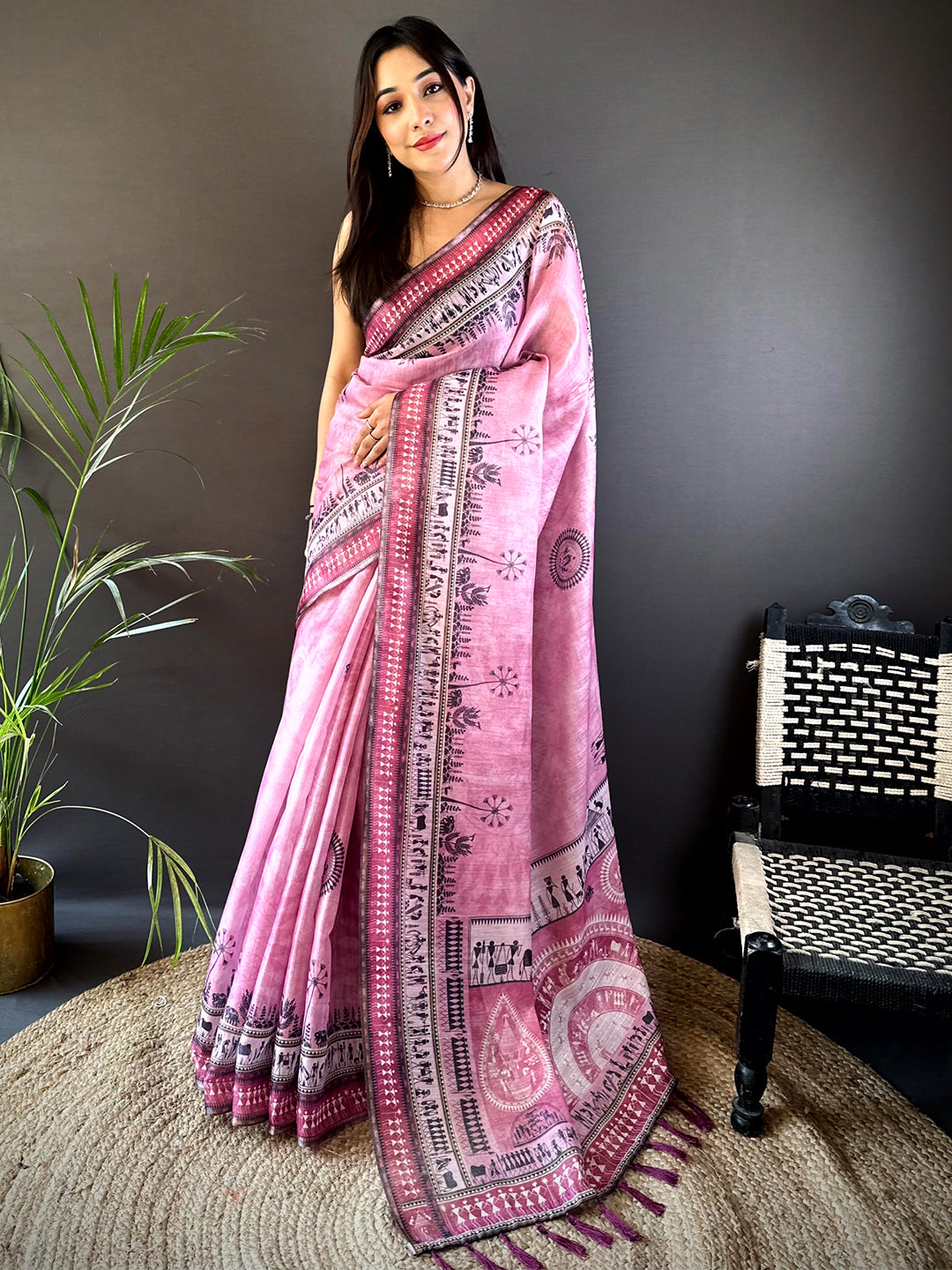 Blush Pink Warli Print Tissue Chanderi Saree