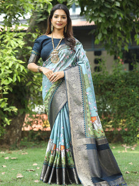 Pichwai Print Zari Weaving Pallu Saree In Sky Blue Colour