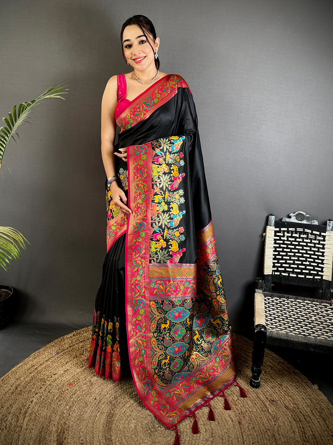 Black Soft Semi Silk Minakari Weave Saree With Maggam Blouse