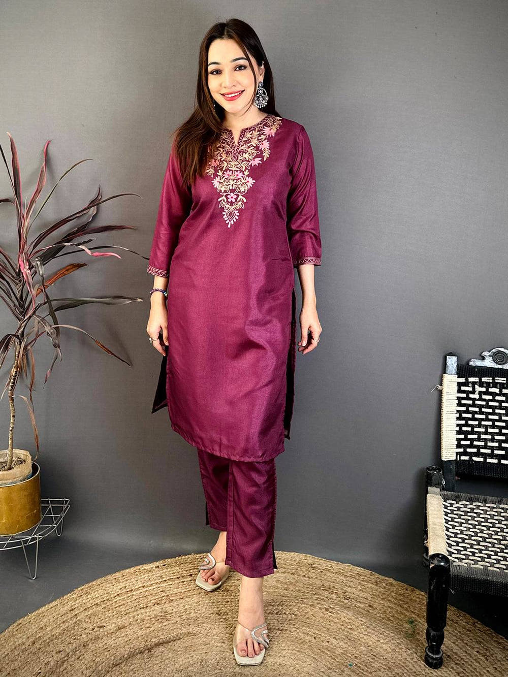 Dark Wine Ari Work Cotton Zari Kurti