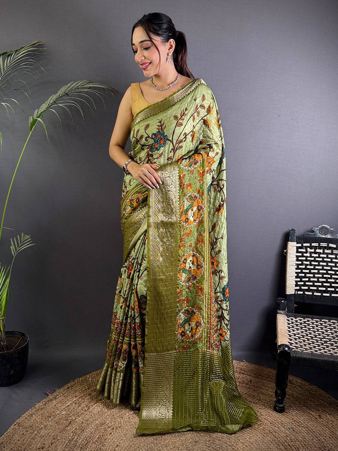 Light Olive Pure Viscose Floral Printed Saree