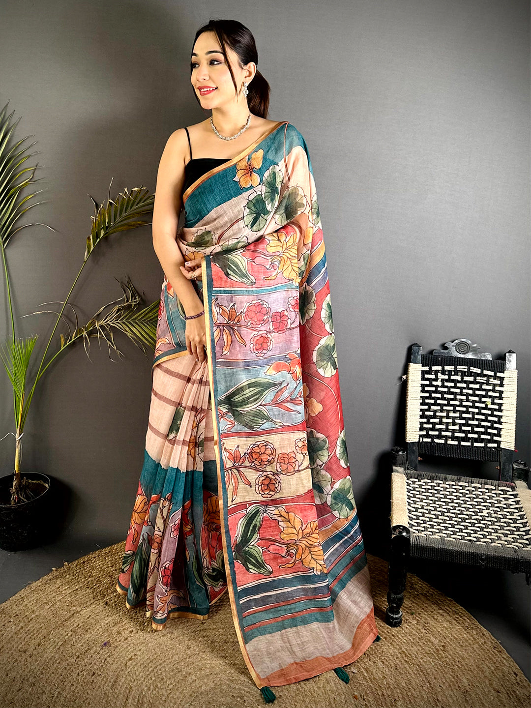 Heritage Hand Block Floral Linen Saree