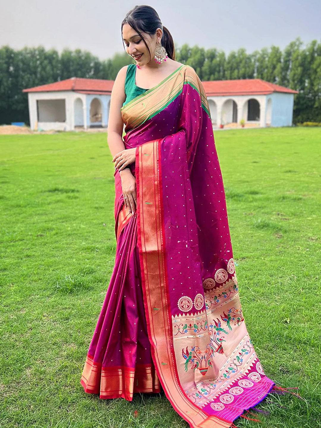 Paithani Wine Colour Saree With Ganga Jamuna Broder