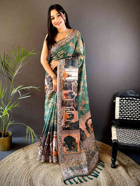 Bottle Green Tissue Chanderi Kalamkari Handprint Saree