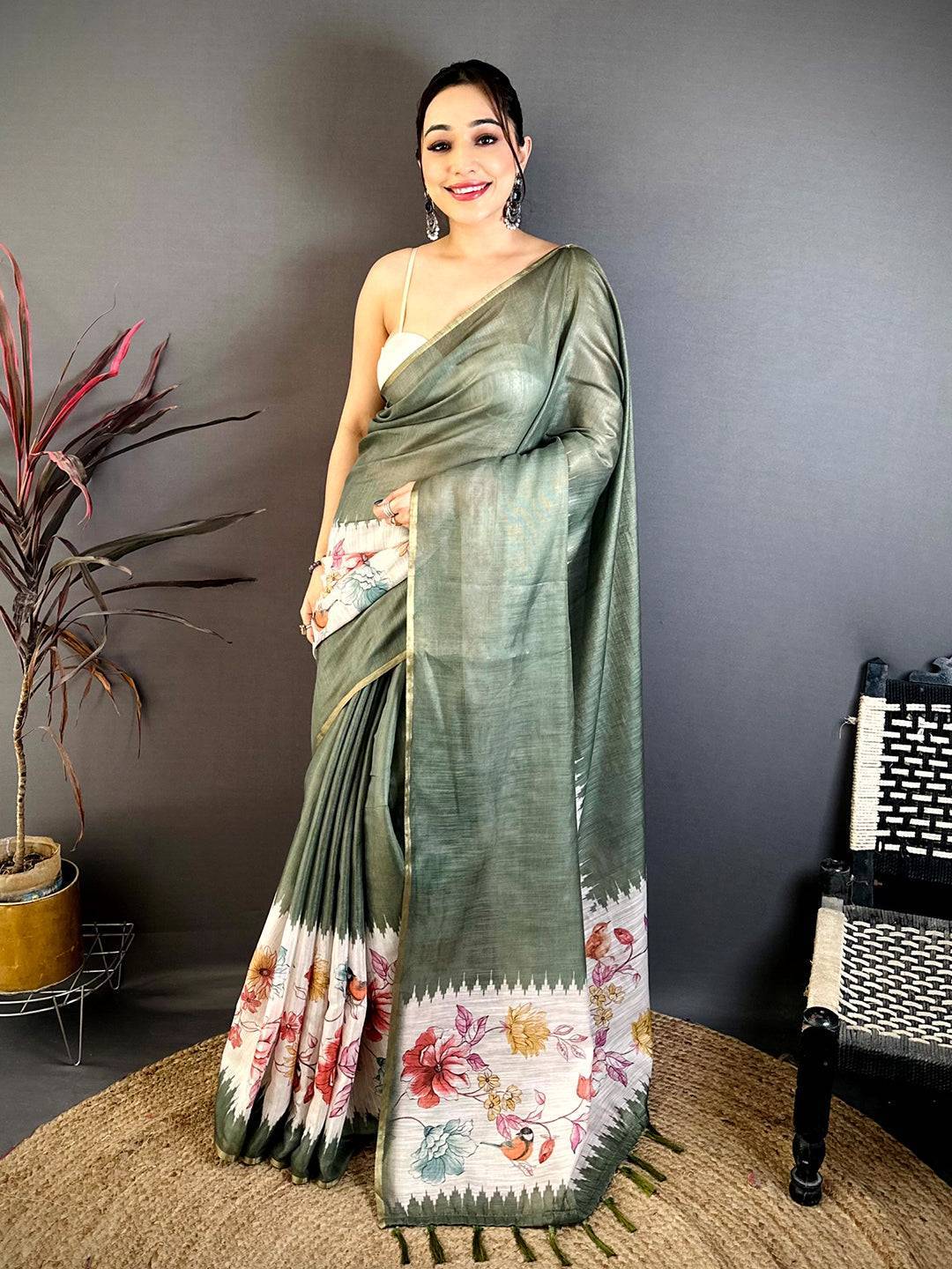 Olive Floral Ikat Linen Chanderi Saree