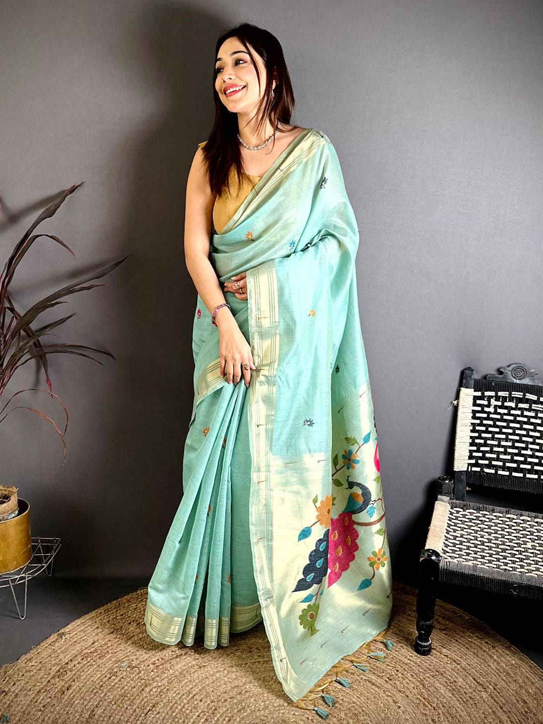 Sky Blue Munia Minakari Khadi Saree


