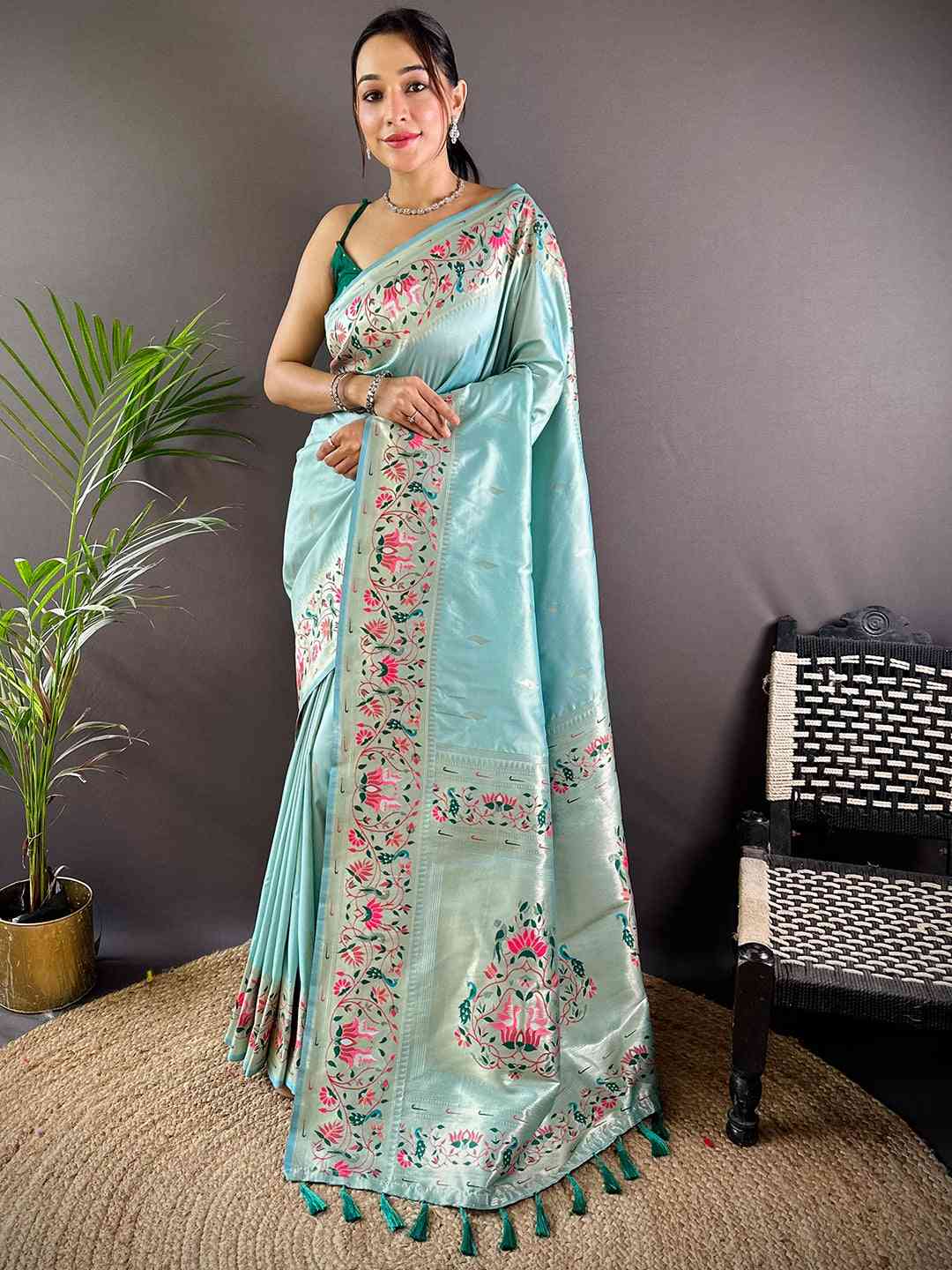Sky Blue Yevla Paithani Meenakari Saree


