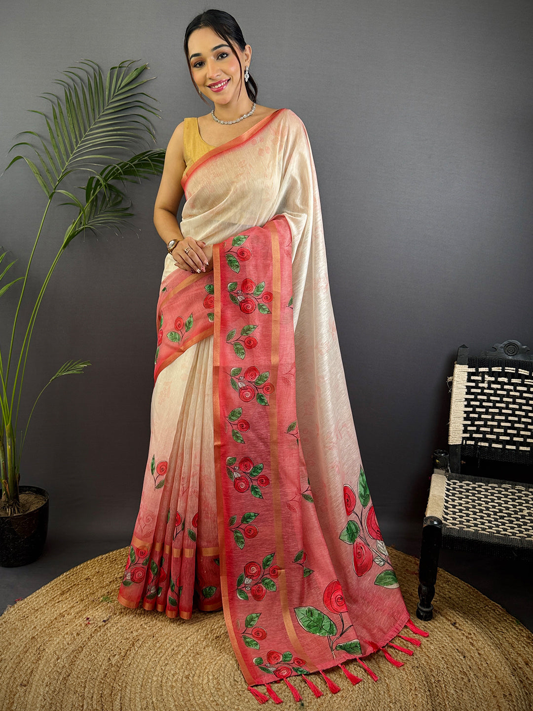 Red Linen Chanderi Floral Print Saree
